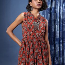 Taavi Handblock Printed Pure Cotton Fit & Flare Ethnic Dress-picture-35
