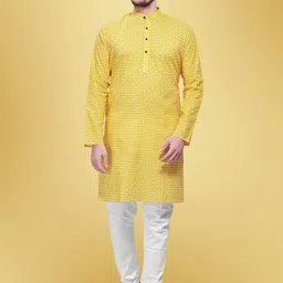 SHIWAM ETHNIX Geometric Printed Mandarin Collar Cotton  Thread Work Block Print Kurta-13
