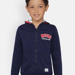 METRO KIDS COMPANY Boys Navy Blue Solid Organic Cotton Hooded Sweatshirt With Applique-image-7