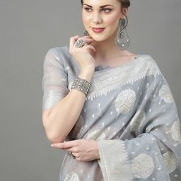 Mitera Grey & Silver-Toned Woven Design Zari Silk Cotton Saree-image-80
