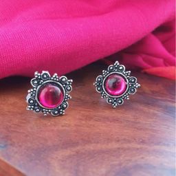 FIROZA Set of 2 Oxidised Silver-Toned & Pink Stone-Studded Textured Adjustable Toe Rings-image-81
