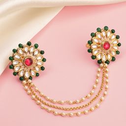Peora Gold Plated Kundan Beads Studded Adjustable Dual Finger Ring With Chain-picture-32