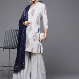 Varanga Women Grey & Navy Ethnic Printed Angrakha Pure Cotton Kurta with Sharara & Dupatta-picture-46