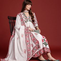 Indo Era Floral Printed Empire Mirror Work Pure Cotton Kurta With Trousers & Dupatta-51