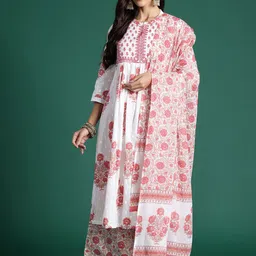 Indo Era Ethnic Motifs Printed Pleated Sequinned Pure Cotton Kurta With Palazzos & Dupatta-17
