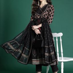 Indo Era Ethnic Motifs Printed Angrakha Beads & Stones Pure Cotton Kurta Set-image-90