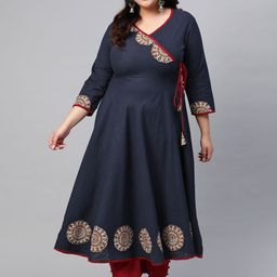 YASH GALLERY Plus Size Women Navy & Golden Embroidered Yoke Design A-Line Angrakha Kurta-image-40