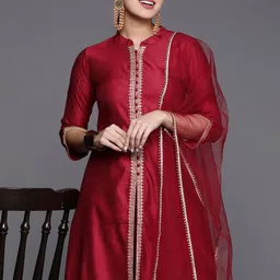 Indo Era Women Striped High Slit Thread Work Liva Kurta With Trousers & Dupatta-picture-55