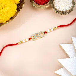 Peora Stone Studded & beaded BRO Rakhi With Roli Chawal & Greeting Card-image-13