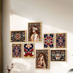 Art Street Beige & Red Set of 8 Wooden Royal Prince with Queen Palace Wall Paintings-19