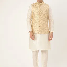 SOJANYA Men Off-White & Beige Solid Kurta with Churidar & Nehru Jacket-14