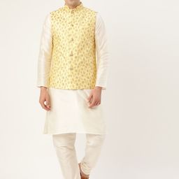 SOJANYA Men Off-White & Yellow Solid Kurta with Churidar & Nehru Jacket-17