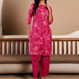 W Pink Floral Printed Straight Pure Cotton Kurta with Trousers-picture-37