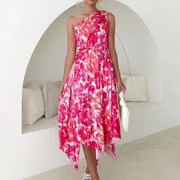 StyleCast Pink Abstract Printed One Shoulder A-Line Midi Dress-5