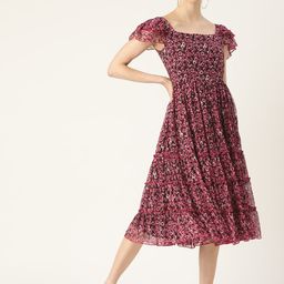 Antheaa Women Floral Printed Fit and Flare Tiered Dress With Smocked Detail-picture-50