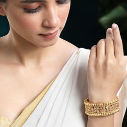 Peora Gold-Plated Artificial Stone-Studded Broad Kada Bangle-image-34