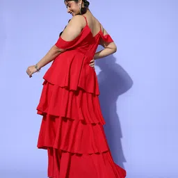 Berrylush Curve Plus Size Red Cold-Shoulder Layered Crepe Maxi Dress image 4