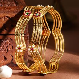 Rubans Set of 2 24 K Gold-Plated Pink & Green Stone & Pearl Beaded Handcrafted Bangles-picture-7