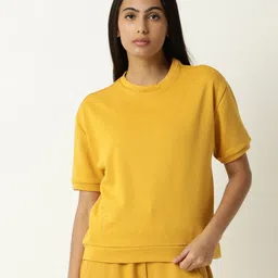 ARTICALE Women Mustard Yellow Drop-Shoulder Sleeves Raw Edge Slim Fit T-shirt-picture-24
