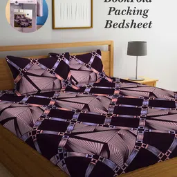 Arrabi Bookfold Brown & Pink Geometric Printed 300 TC King Bedsheet & Pillow Covers-2