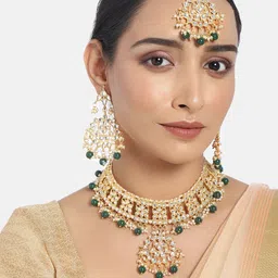 I Jewels Green Gold-Plated Kundan & Pearl Embellished Jewellery Set-41