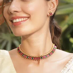 Rubans 22KT Gold Plated Brass Red & Green Stone Studded Choker Set-3