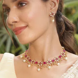 Rubans Women 22KT Gold Plated Brass Metal Ruby Studded White Beaded Floral Necklace Set-10