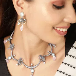Rubans Elephants Silver-Plated Oxidized  Beaded Jewellery Set-image-37