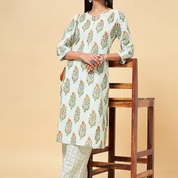 RANGMANCH BY PANTALOONS Women Sea Green Ethnic Motifs Printed Pure Cotton Kurta Set-image-33