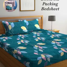 Arrabi Bookfold Green & Blue Leaf Printed 300 TC King Bedsheet With 2 Pillow Covers-image-28