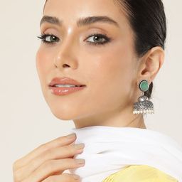 AITIHYA Silver-Plated Artificial Stones & Beads Oxidised Dome Shaped Jhumkas-3
