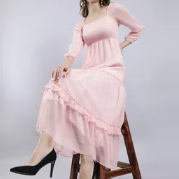 ANVI Be Yourself  Pink Self Design Puff Sleeve Smocked Tiered Fit & Flare Dress-image-73