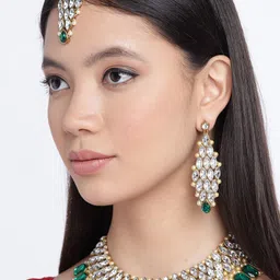 Zaveri Pearls Green & Cream Coloured Gold-Plated Stone-Studded & Beaded Jewellery Set-18