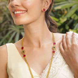 Rubans Luxury 22KT Gold Plated Ruby And Emerald Stone Studded White Beaded Jewellery Set-0