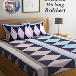 Arrabi Bookfold Pink & Navy Blue Geometric 300 TC King Bedsheet With 2 Pillow Covers-image-42