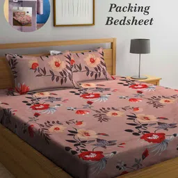 Arrabi Bookfold Peach & Red Floral Printed 300 TC King Bedsheet With 2 Pillow Covers-image-67