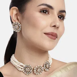 I Jewels White Beaded Kundan-Studded Gold-Plated Choker Jewellery Set-image-25