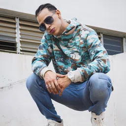 The Indian Garage Co Men Beige & Turquoise Blue Printed Hooded Sweatshirt-image-20