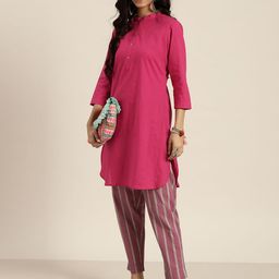 Sangria Women Pink & Grey Solid Pure Cotton Kurta with Trousers-image-45