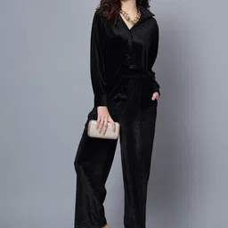 ANVI Be Yourself Black Shirt Collar Velvet Shirt With Trousers-image-22