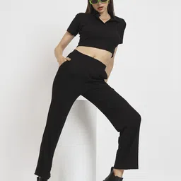ANVI Be Yourself Black Shirt-Collar Crop T-shirt With Trousers-image-21