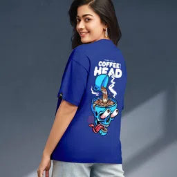 Bewakoof Blue Graphic Printed Drop-Shoulder Sleeves Oversized Cotton T-Shirt-picture-25