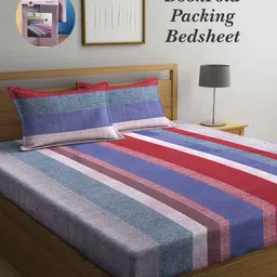 Arrabi Bookfold Blue & Brown Geometric Printed 300 TC King Bedsheet & 2 Pillow Covers-picture-3
