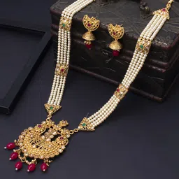 Sukkhi Gold-Plated Off-White & Red Stone Studded & Pearl Beaded Antique Jewellery Set-image-53