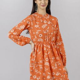 KALINI Floral Printed Round Neck Puff Sleeve Gathered Fit & Flare Dress-image-48
