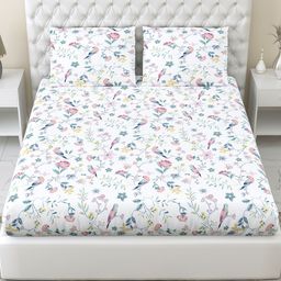 haus & kinder White Floral 186 TC Cotton Fitted Queen Bedsheet With 2 Pillow Covers-image-44