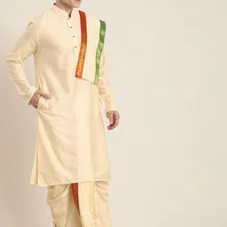 VASTRAMAY Men Cream-Coloured Kurta with Dhoti Pants & With Dupatta image 5
