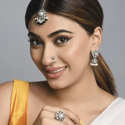 Fida Black & White Silver-Plated Oxidized Artificial Stone And Pearl Studded Jewellery Set image 2