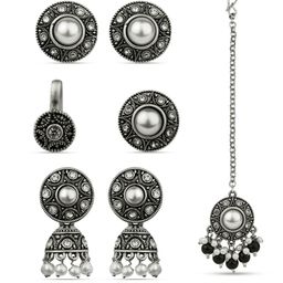Fida Black & White Silver-Plated Oxidized Artificial Stone And Pearl Studded Jewellery Set image 4