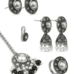 Fida Black & White Silver-Plated Oxidized Artificial Stone And Pearl Studded Jewellery Set image 5